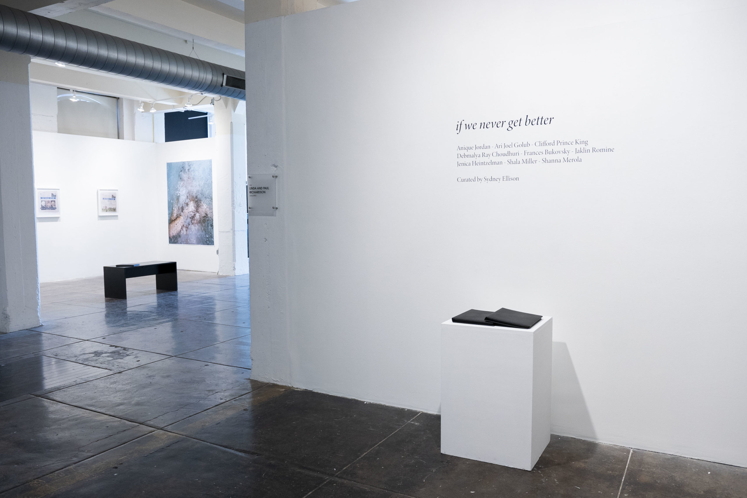 An image of the exhibition at TIILT Institute. The artist statement is on the wall with a white podium and binder beneath it.