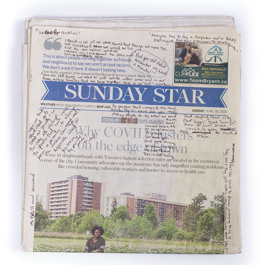 Front page of The Sunday Star newspaper. The headline “Why COVID clusters on the edge of town” followed by a subtitle connecting neighborhoods with existing public health crises to those disproportionately impacted by COVID is situated above a photograph of a Black woman sitting in front of a vacant lot overgrown by trees and bushes. Behind her are two large apartment buildings. Hand written reflections about the topic cover the page.